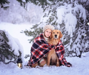 Koc, Śnieg, Pies, Lampion, Zima, Dziewczynka, Golden retriever