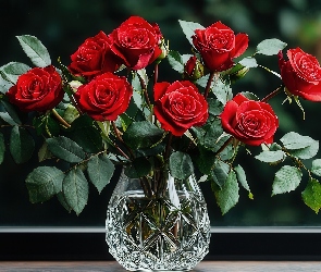 Kryształowy, Wazon, Róże, Czerwone