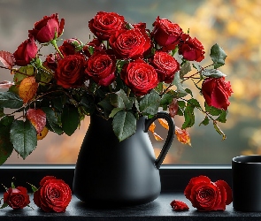 Okno, Dzbanek, Róże, Kubek, Liście, Czerwone, Jesienne