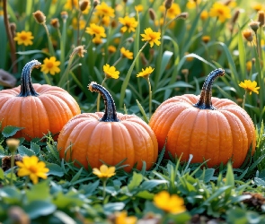 Dynie, Grafika AI, Kwiaty, Żółte, Trzy