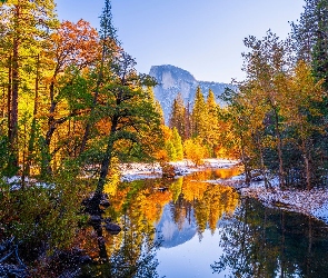 Góry, Rzeka, Park Narodowy Yosemite, Las, Jesień, Drzewa, Stany Zjednoczone, Odbicie