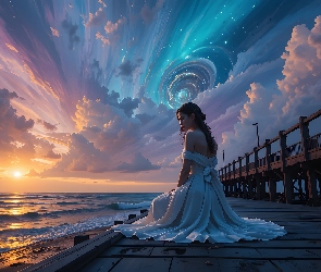 Chmury, Zachód słońca, Kobieta, Morze