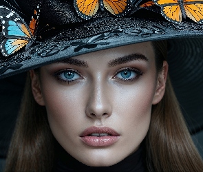 Spojrzenie, Grafika, Motyle, Kapelusz, Kobieta