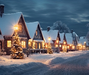 Grafika, Oświetlone, Ośnieżone, Droga, Domy, Zima, Choinki