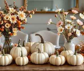 Wazony, Kwiatów, Białe, Kieliszki, Bukiety, Kompozycja, Dynie