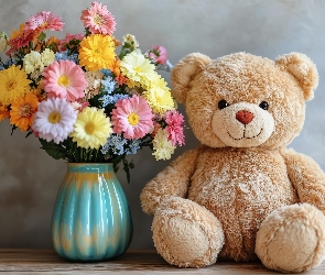 Miś, Pluszowy, Kwiaty, Kolorowe, Bukiet, Wazon