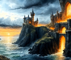 Chmury, Światło, Morze, Fantasy, Zamek, Grafika, Skały