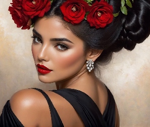 Wianek, Włosy, Upięte, Róże, Kobieta