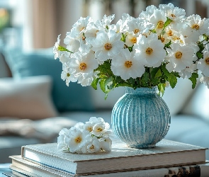 Salon, Książki, Białe, Kwiaty, Zawilce, Wazon
