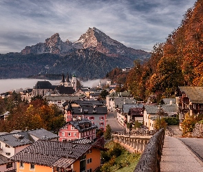 Bawaria, Domy, Niemcy, Berchtesgaden, Drzewa, Góry, Mgła, Kościół