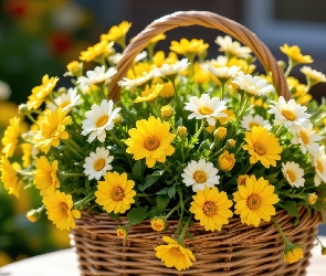 Koszyk, Wiklinowy, Białe, Żółte, Kwiaty, Listki