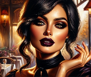 Ciemnowłosa, Grafika, Kawiarnia, Makijaż, Kobieta