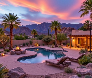 Wieczór, Góry, Basen, Dom, Palmy, Leżaki
