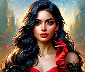 Kolczyki, Czerwona, Długowłosa, Grafika, Rękawica, Kobieta, Brunetka