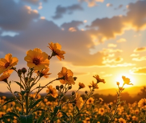 Kwiaty, Grafika, Zachód słońca, Niebo, Żółte