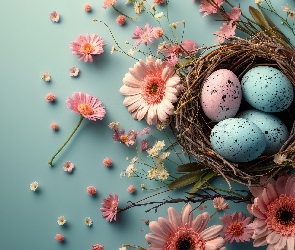 Niebieskie, Różowe, Wielkanoc, Pisanki, Gerbery, Różowe, Gniazdo, Kwiaty