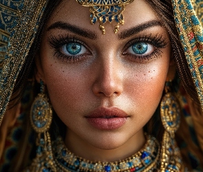 Biżuteria, Chusta, Kobieta, Portret, Niebieskie, Oczy