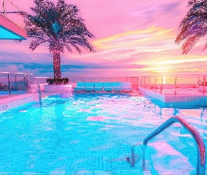 Basen, Zachód słońca, Palmy