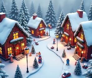 Domy, Grafika, Choinki, Ulica, Ośnieżone