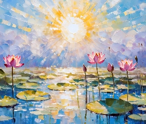 Kwiaty, Grafika, Słońce, Woda, Lotosy