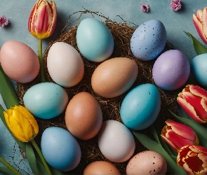 Żółto-czerwone, Pisanki, Kwiaty, Kolorowe, Niebieskie, Tulipany, Tło, Gniazdko