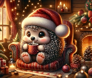 Choinka, Mikołaja, Jeż, Kominek, Czapka, Boże Narodzenie, Kubek