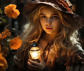 Kwiaty, Latarnia, Dziewczynka, Grafika, Kapelusz, Jesień, Blondynka