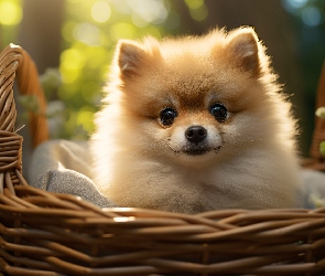 Szczeniak, Koszyk, Mordka, Szpic miniaturowy, Pies