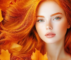 Liście, Jesień, Dziewczyna, Grafika AI, Włosy, Kobieta, Rude