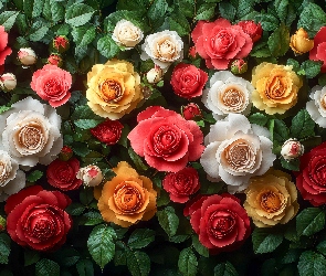 Listki, Róże, Białe, Kwiaty, Żółte, Czerwone