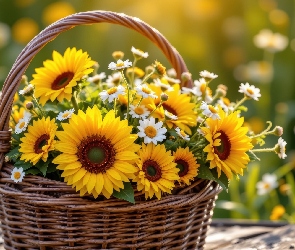 Koszyk, Wiklinowy, Słoneczniki ozdobne, Stokrotki