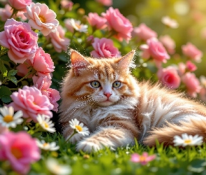 Kwiaty, Kot, Leżący, Rudo-biały