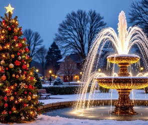 Fontanna, Choinka, Boże Narodzenie, Udekorowana
