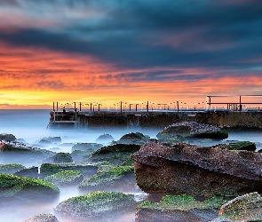 Morze, Głazy, Kamienie, Molo, Zachód słońca