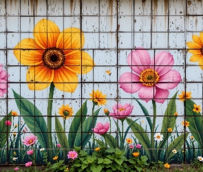Kwiaty, Mural, Kolorowe