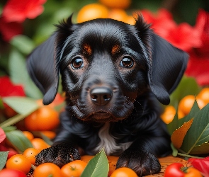 Listki, Kwiaty, Czarny, Pies