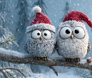 Grafika AI, Czapki, Dwie, Sowy