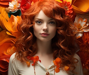 Kwiaty, Spojrzenie, Rudowłosa, Kobieta