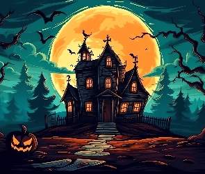 Fantasy, Drzewa, Halloween, Dom, Ptaki, Księżyc, Droga, Dynia