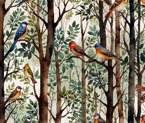 Ptaki, Grafika, Drzewo, Gałęzie, Kolorowe