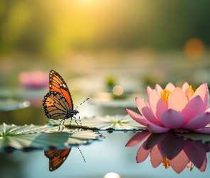 Lilia wodna, Lilia Wodna, Grafika, Motyl, Różowa