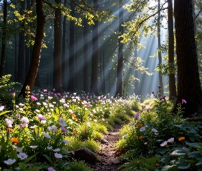 Ścieżka, Grafika AI, Przebijające światło, Kwiaty, Las