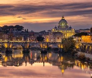 Oświetlenie, Bazylika św Piotra, Watykan, Wieczór, Rzeka Tyber, Rzym, Most św Anioła