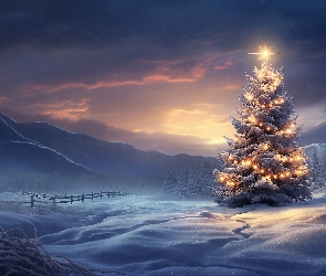 Grafika, Boże Narodzenie, Góry, Zima, Zaspy, Choinka