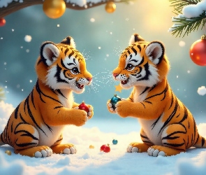 Bombki, Gałązki, Młode, AI, Śnieg, Tygrysy, Zima