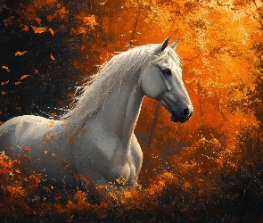 Grafika AI, Jesień, Siwy, Koń, Drzewa, Roślinność