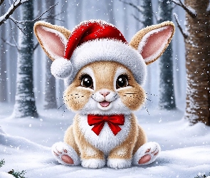 Zima, Las, Królik, Grafika, Mikołaja, Zając, Czapka