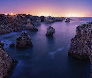 Region Algarve, Ocean Atlantycki, Skały, Portugalia, Morze, Wybrzeże, Światła