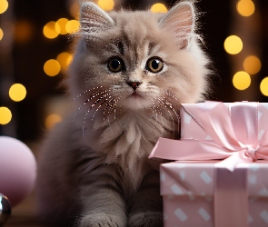 Bombki, Prezenty, Mały, Puszysty, Kot, Różowe
