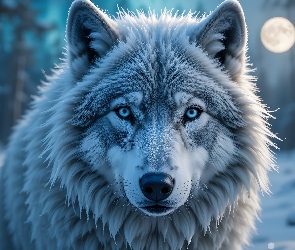 Spojrzenie, Grafika, Księżyc, Zima, Wilk